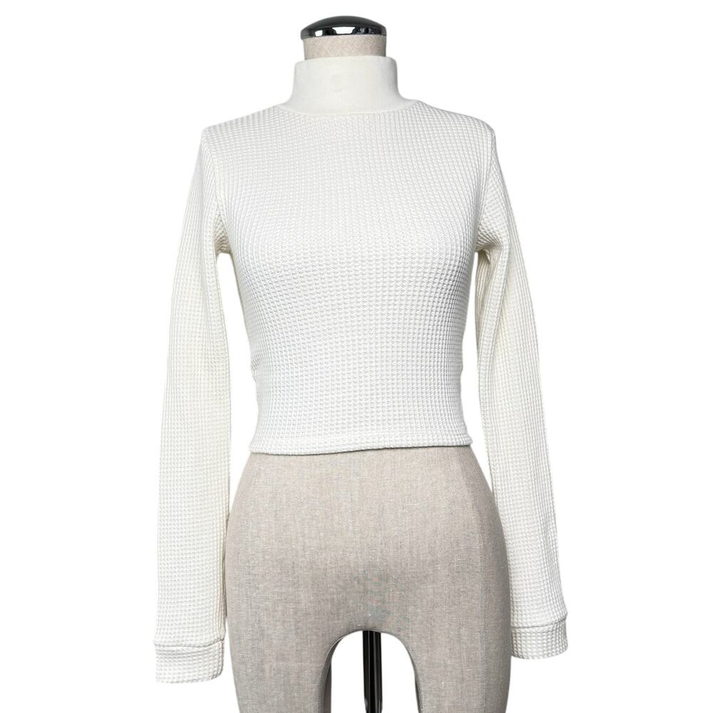 Aerie Waffle Knit Cropped Mock Neck Long Sleeve Cotton Blend Knit Top Cream NWT